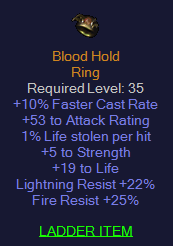 Blood Hold - 10 FCR 5 Strength 22 Light res 25 Fire Resist
