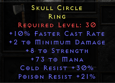 LLD Ring - 10 FCR 2 Min 8 Str 73 Mana 30 CR 21 PR - Non Ladder