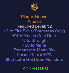 Plague Noose - 2 Fire Skills 10 FCR 7 Strength - Level 52