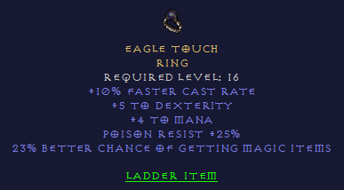Eagle Touch - 10 FCR 25 Poison Resist 23 % Magic Find