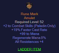 Rune Mark - 2 Paladin Combat Skills 19 FCR 99 Mana 4 ALL resist