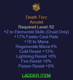 Death Torc - +2 Ele 17% FCR 8 All Resist 13 Cold Resist