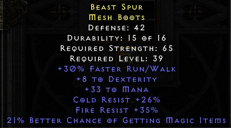 Beast Spur - Dual Res 30 Run walk mana 21 % MF boots - non Ladder