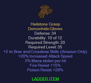 Hailstone Grasp - 2 Bow 20 IAS 3 ML 15 Fire Resist 29 Poison Resist