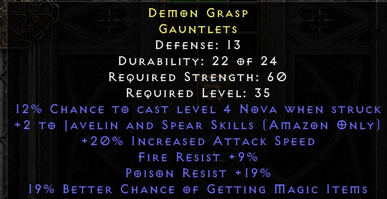Demon Grasp - 2 Java 20 IAS 9 Fire Resist 19 Poison Resist 19% MF - Ladder