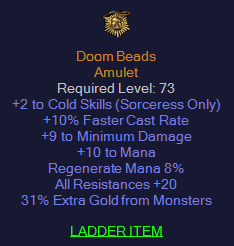 Doom Beads - 2 Cold Skills 10 FCR 20 All Resist - Amulet