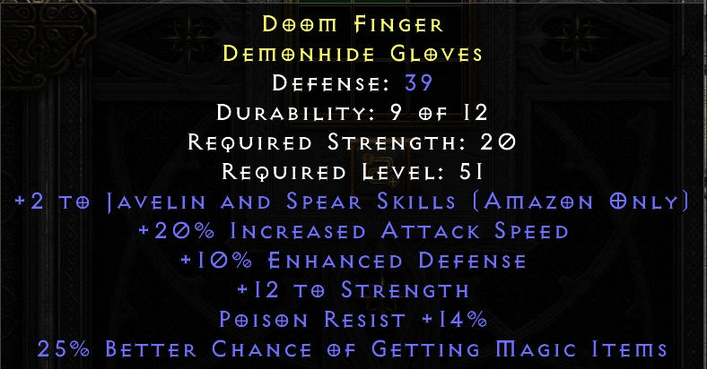 Doom Finger - 2 Java 20 IAS 12 Str 14 Poison Resist 25 % MF - non Ladder