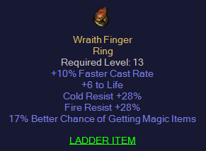 Wraith Finger - 10 FCR 28 Cold res 28 Fire res 17% Magic Find
