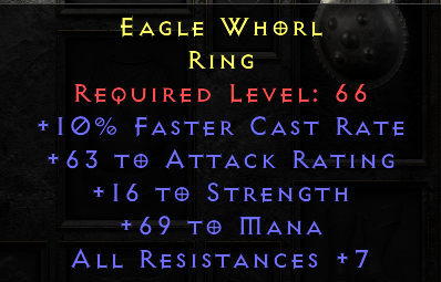 Eagle Whorl - 10 FCR 16 Mana 69 Mana 7 All Resist - Non Ladder