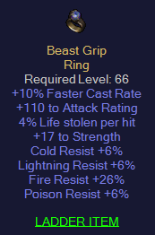 Beast Grip - 10 FCR 110 AR 4% LL 17 STR 6 All Resist 26 FR