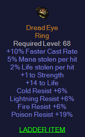 Dread Eye - 10 FCR Dual Leech All Resist - Ring