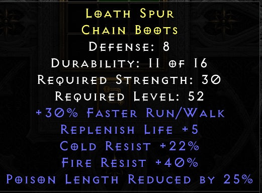 Loath Spur - 30 Run Walk 5 Rep Life 22 Cold Resist 40 Fire Resist 25% PLR - non Ladder