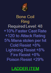 Bone Coil - 10 FCR 120 Attack Rating 5 ML 8 All Resist 29 PR