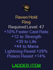 Raven Hold - 10 FCR 12 Str 30 Life 44 Mana 29 LR 14 PR