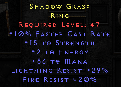 Shadow Grasp - 10 FCR 15 Str 86 Mana 29 LR 20 FR - Non Ladder
