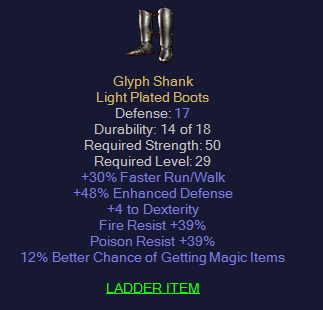 Glyph Shank - 30FRW/39 Fire Res/39 Poison Res/ 12% Magic Find