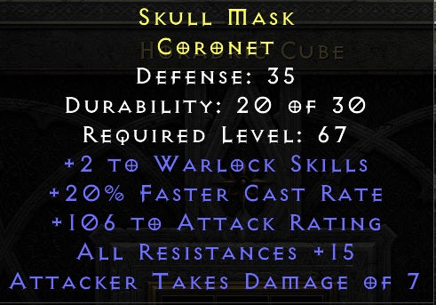 Skull Mask - 2 Warlock 20 Fcr 106 Attack Rating 15 All Resist