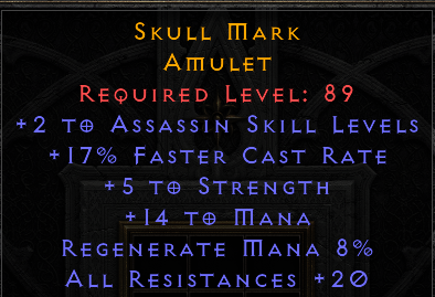 Skull Mark - 2 Assassin 17 FCR 5 Str 20 All Resist - Non Ladder