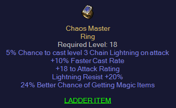 Chaos Master - 10 FCR 20 Lightning Resist 24% MF - Ring