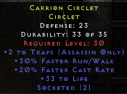2 Trap 30 Run Walk 20 Faster Cast Rate 33 Life 2 Sockets - Non Ladder