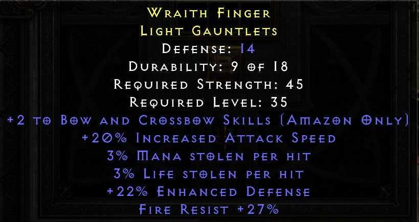 Wraith Finger - 2 Bow 20% IAS Dual Leech 27 Fire Resist