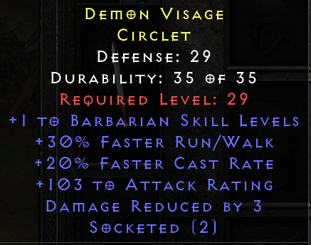 +1 Barbarian 30 R/w 20 FCR 103 Attack Rating 3 DR 2 socket - Non Ladder