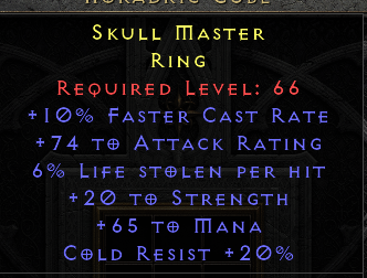 Skull Master - 10 FCR 74 AR 6 LL 20 STR 65 Mana 20 CR