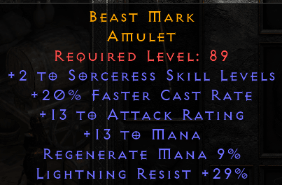 Beast Mark - 2 Sorceress 20 FCR 29 LR - D2Bits
