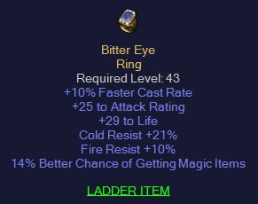 Bitter Eye - 10 FCR 29 Life 21 CR 10 Fire Resist 14% Magic Find