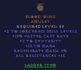 Blood Wing - 2 Sorceress 19 FCR 15 All Resist - D2Bits