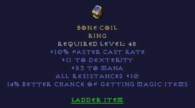 Bone Coil - FCR Mana Dex All Resist MF - Ring - D2Bits