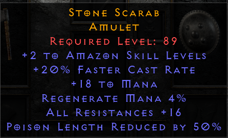 Stone Scarab - 2 Amazon 20 FCR 16 All Resist 50 PLR - Non Ladder