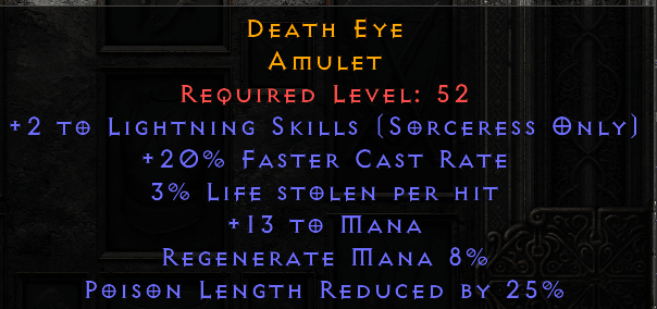 Death Eye - 2 Lightning Skills 20 FCR PLR - Amulet - D2Bits