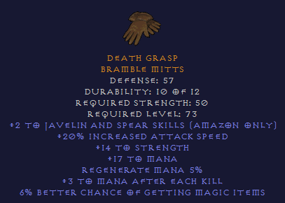 Death Grasp - 2/20 Javazon 14 Strength 6% MF - MAEK Gloves - D2Bits