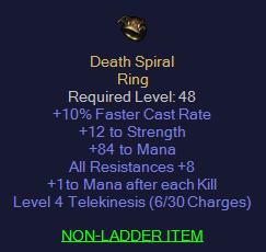 Death Spiral - 10 FCR 12 STR 84 Mana 8 All Resist 1 MAEK - D2Bits
