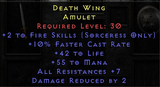 Death Wing - 2 Fire Skills 10 FCR 42 Life 55 Mana 7 All Res 2 DR - LLD - Non Ladder