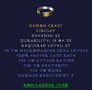 Demon Crest - 2 Necromancer 20 FCR 10 Dex 56 Mana - D2Bits