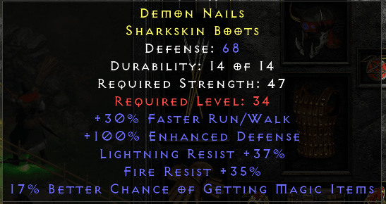 Demon Nails - 30 Run Walk 37 Light Res 35 Fire Res 17% MF - D2Bits