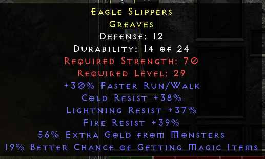 Eagle Slippers - Godly Tri Resist MF extra gold - Boots - Non Ladder - D2Bits