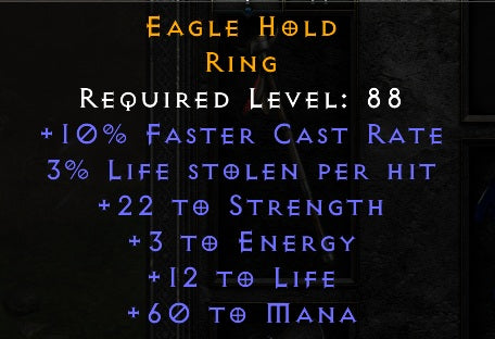 Eagle Hold - 10 FCR 22 Str 12 Life 60 Mana - Non Ladder