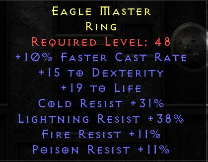 Eagle Master - 10 FCR 15 Dex 19 Life 31 CR 38 LR 11 All Resist