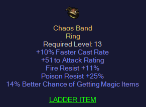 Chaos Band - 10 FCR 11 Fire Resist 25 Poison Resist 14% MF