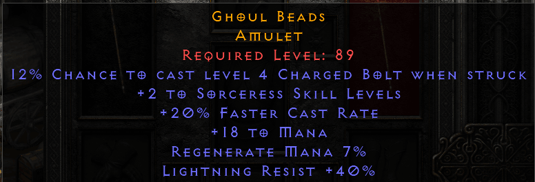 Ghoul Beads - 2 Sorceress 20 FCR 40 Lr - Amulet - D2Bits