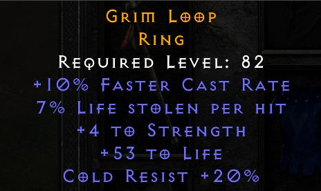 Grim Loop - 10 FCR 4 Str 53 Life 20 Cold Res - Non Ladder