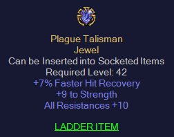 Plague Talisman - 7 fhr 9 STR 10 All Resist Jewel