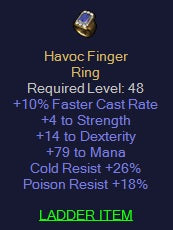 Havoc Finger - 10 FCR 4 Str 14 Dex 79 Mana 26 CR 18 PR - Ring