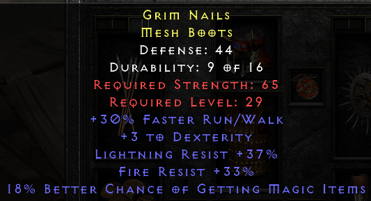 Grim Nails - 30 Run Walk 3 Dex 37 Light Res 33 Fire Res 18% MF