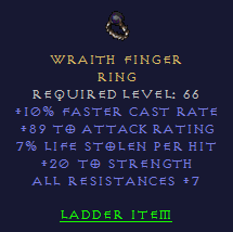 Wraith Finger - 10 FCR 89 AR 7 LL 20 Strength 7 All Resistances