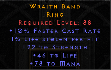 Wraith Band - 10 FCR 22 Strength 46 Life 78 Mana - Non Ladder