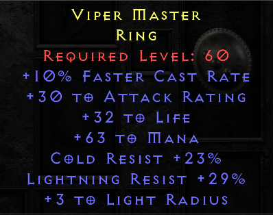 Viper Master - 10 FCR 32 Life 63 Mana 23 CR 29 LR - Non Ladder